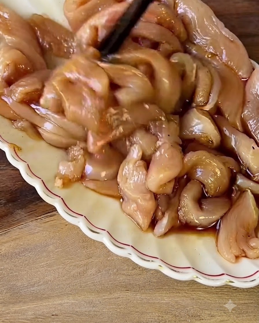 Chopsticks mixing raw chicken pieces coated in marinade on a white plate.