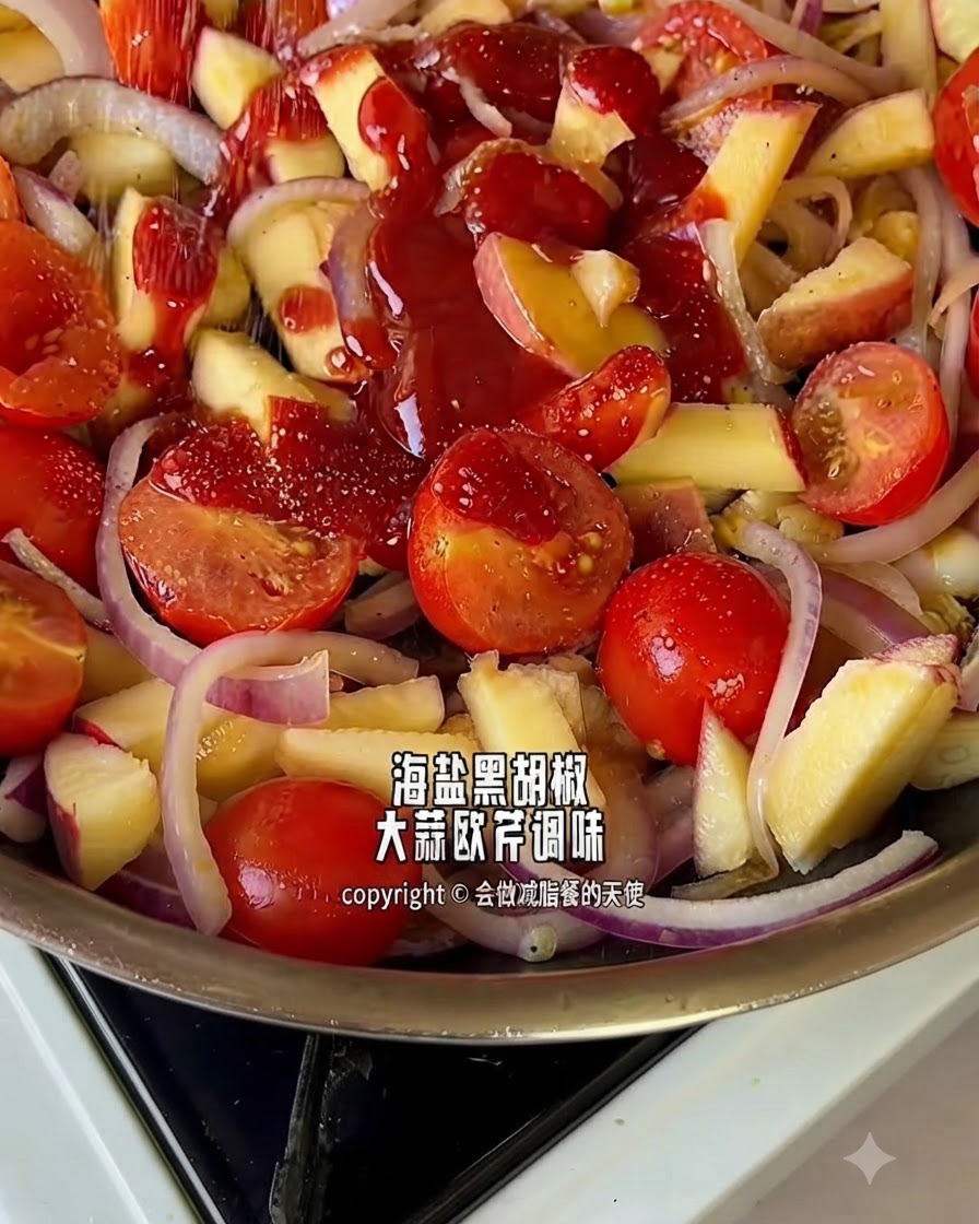 Spices and seasonings being sprinkled over a mix of tomatoes, onions, and apples in a pan.