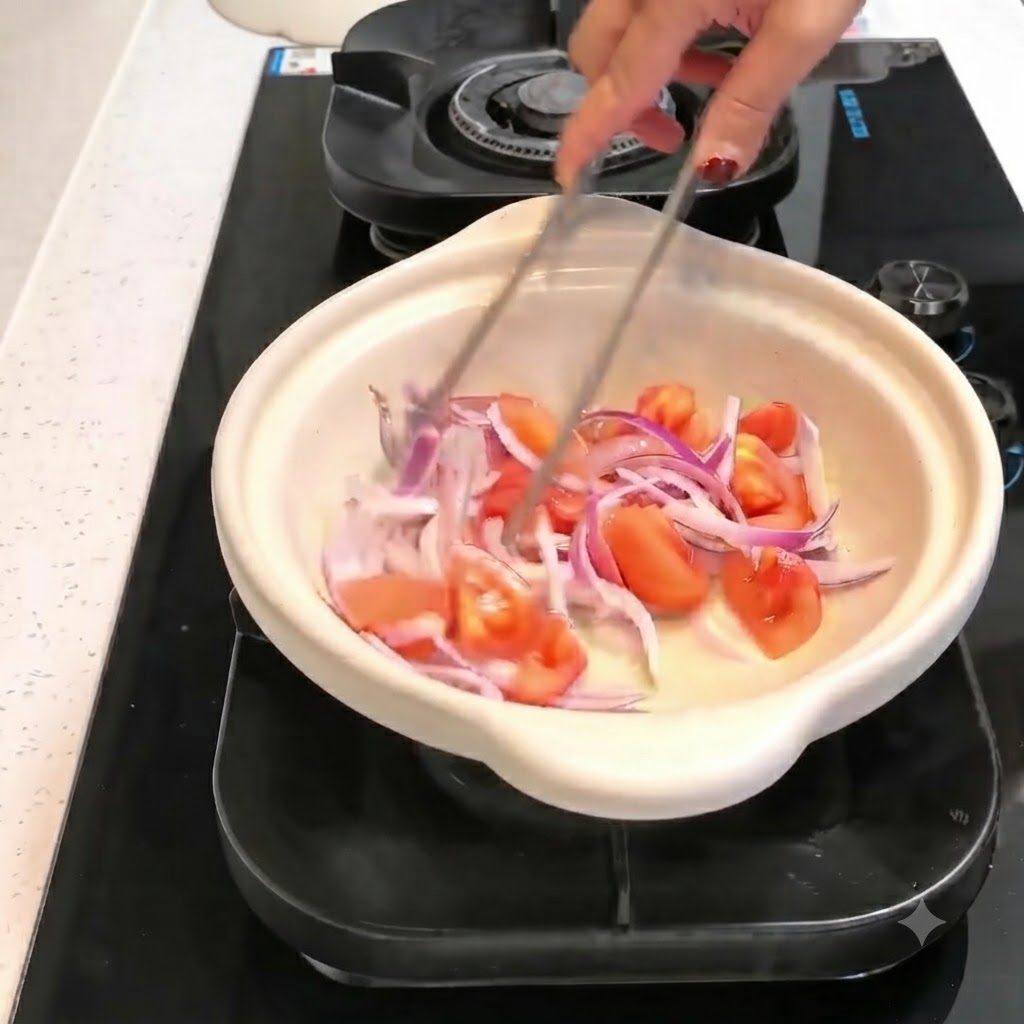Kimchi and raw sliced beef being tossed together with onions and tomatoes inside a cooking pot using tongs.