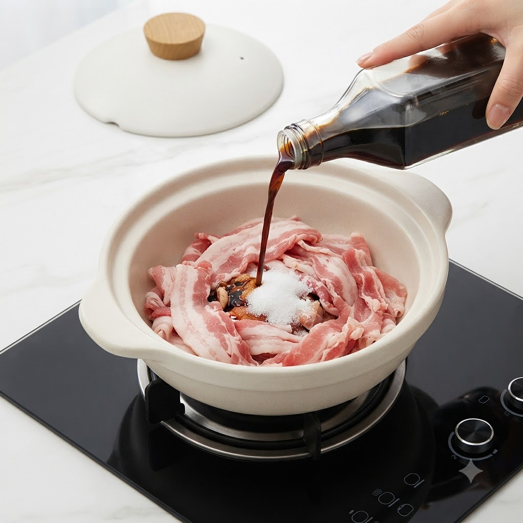Soy sauce being poured from a bottle into a pot containing raw beef, sugar, and seasonings.