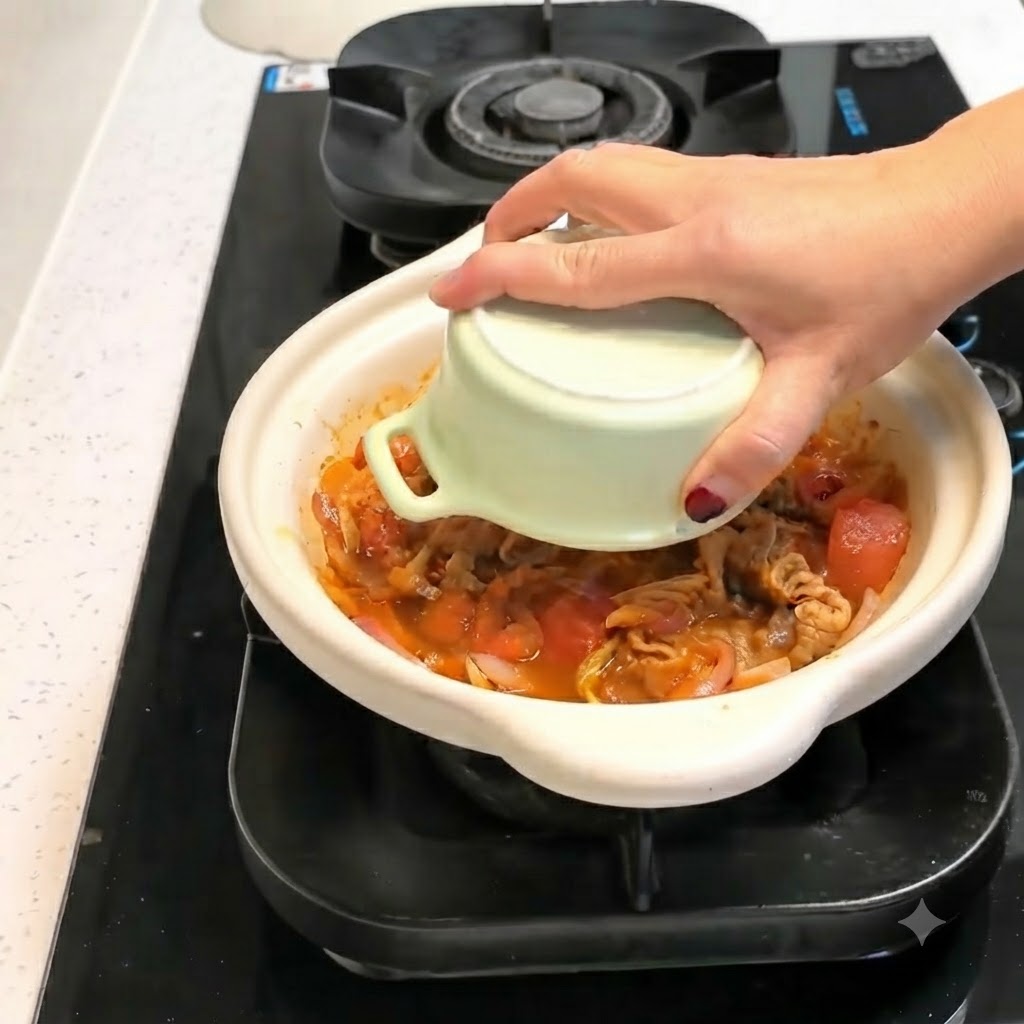 A bowl of rice being inverted and placed into the center of a cooking pot filled with a savory beef and kimchi mixture.