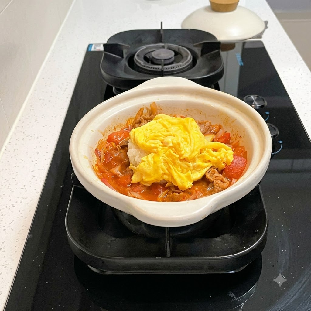 Soft yellow scrambled eggs layered neatly on top of the rice and stewed ingredients inside a white clay pot.