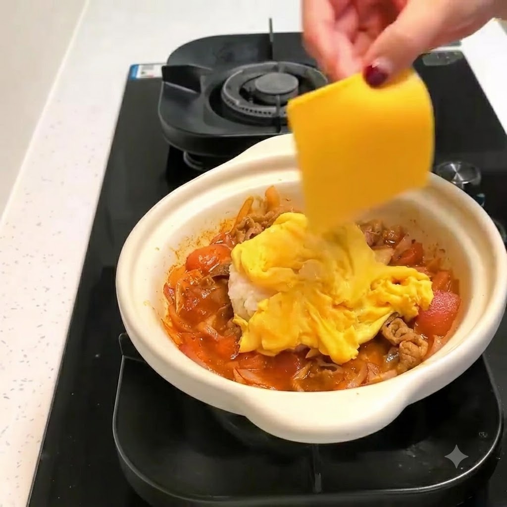 Two slices of yellow cheese being placed over the soft scrambled eggs in the white clay pot.