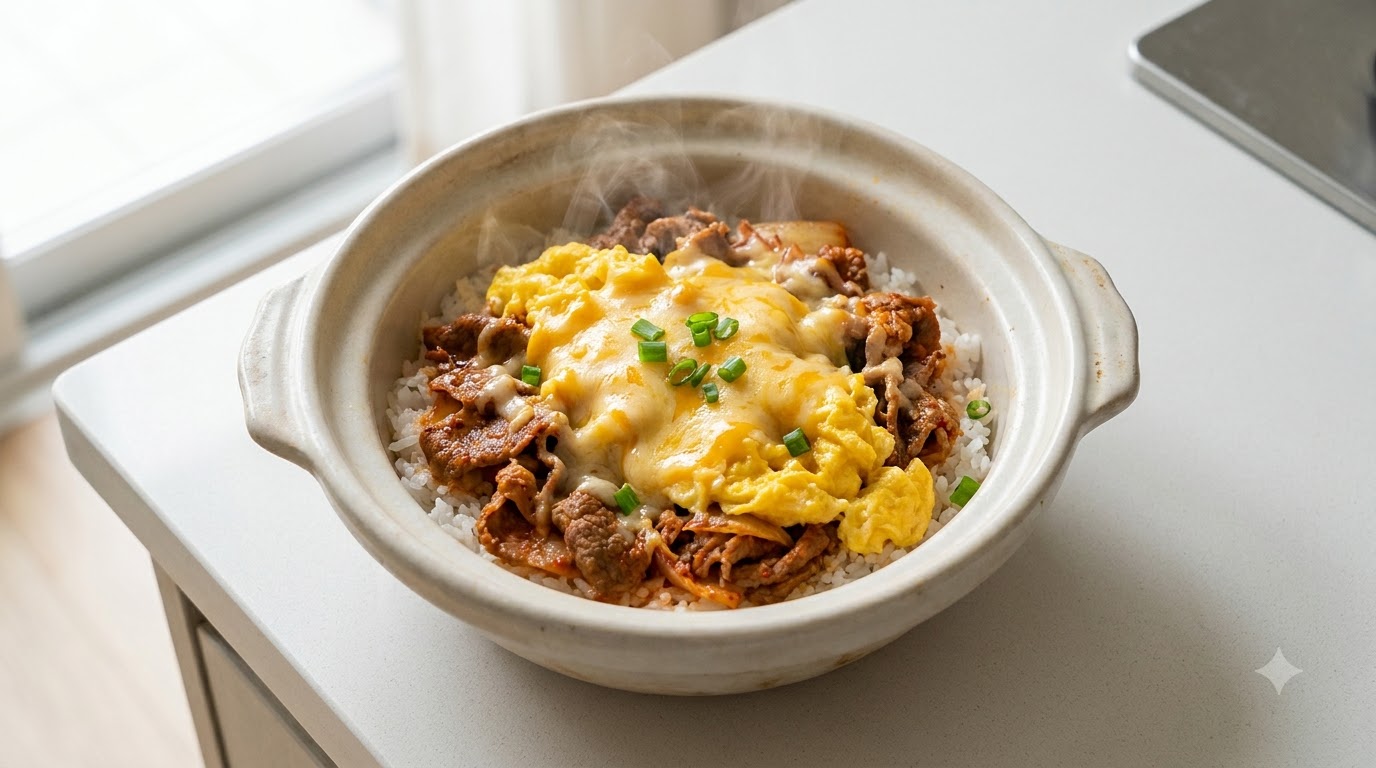 10-Minute Kimchi Beef Rice Bowl with Soft Scrambled Eggs