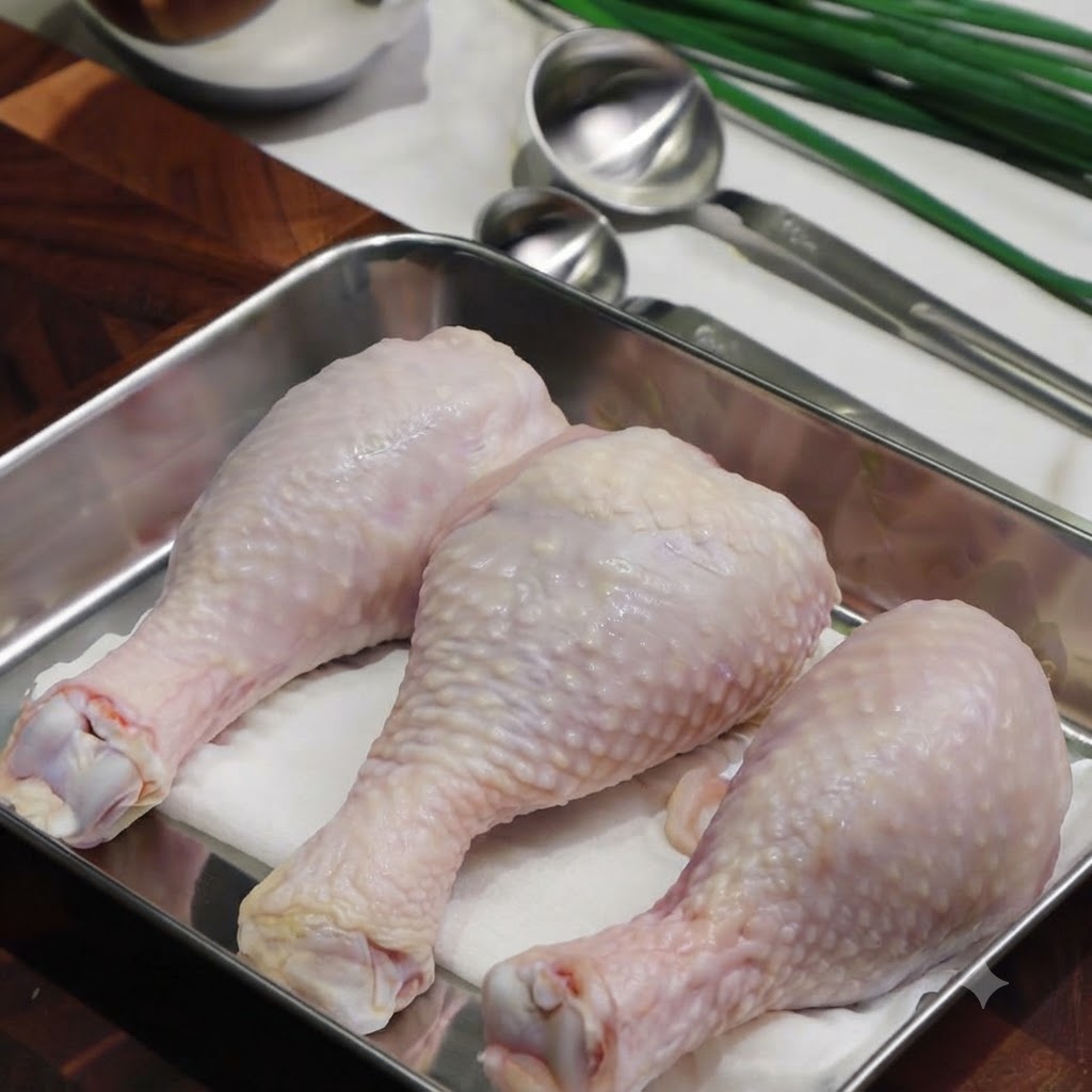 Fresh chicken legs resting in a stainless steel tray with kitchen tools nearby.