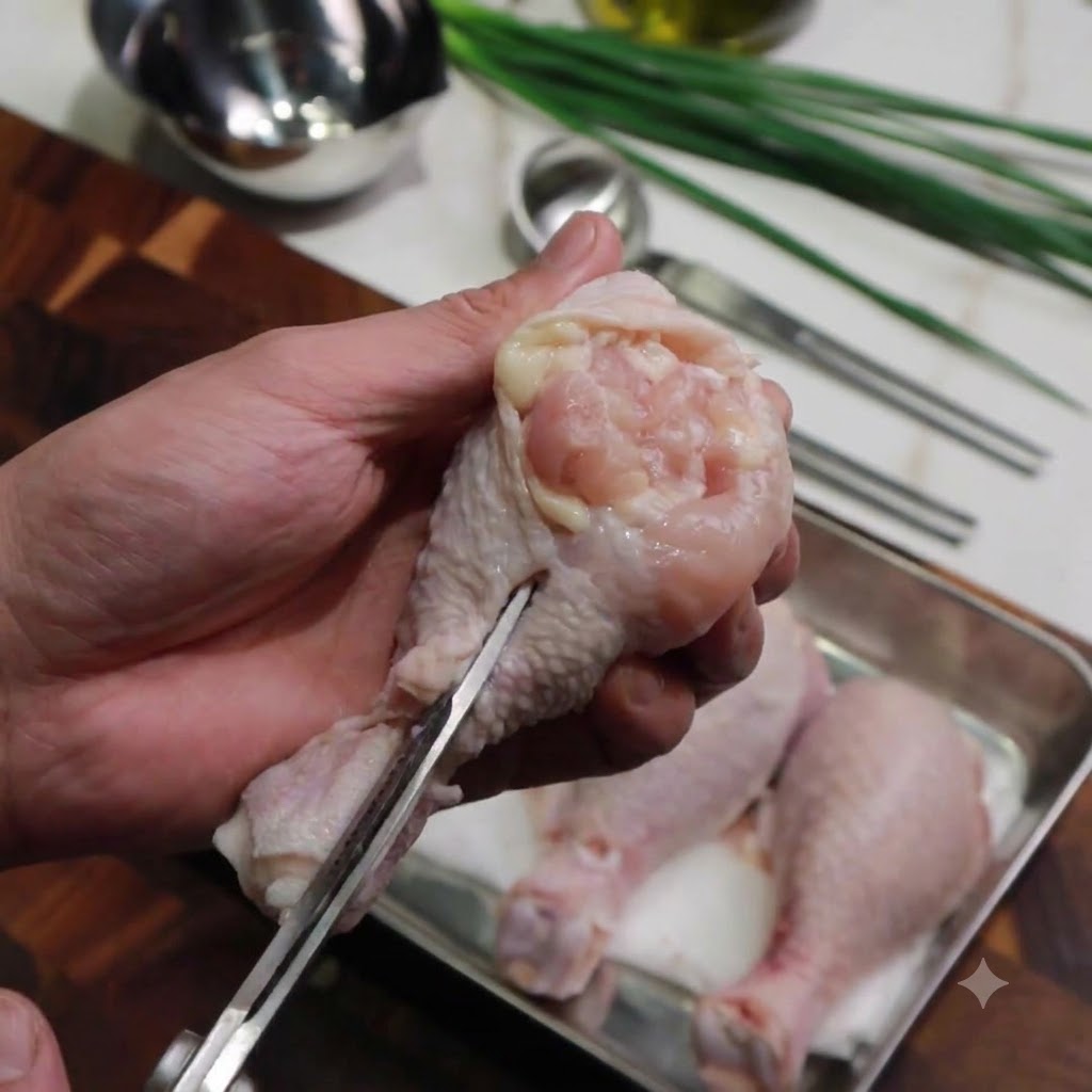 Hands using kitchen shears to cut along a chicken bone to remove it.