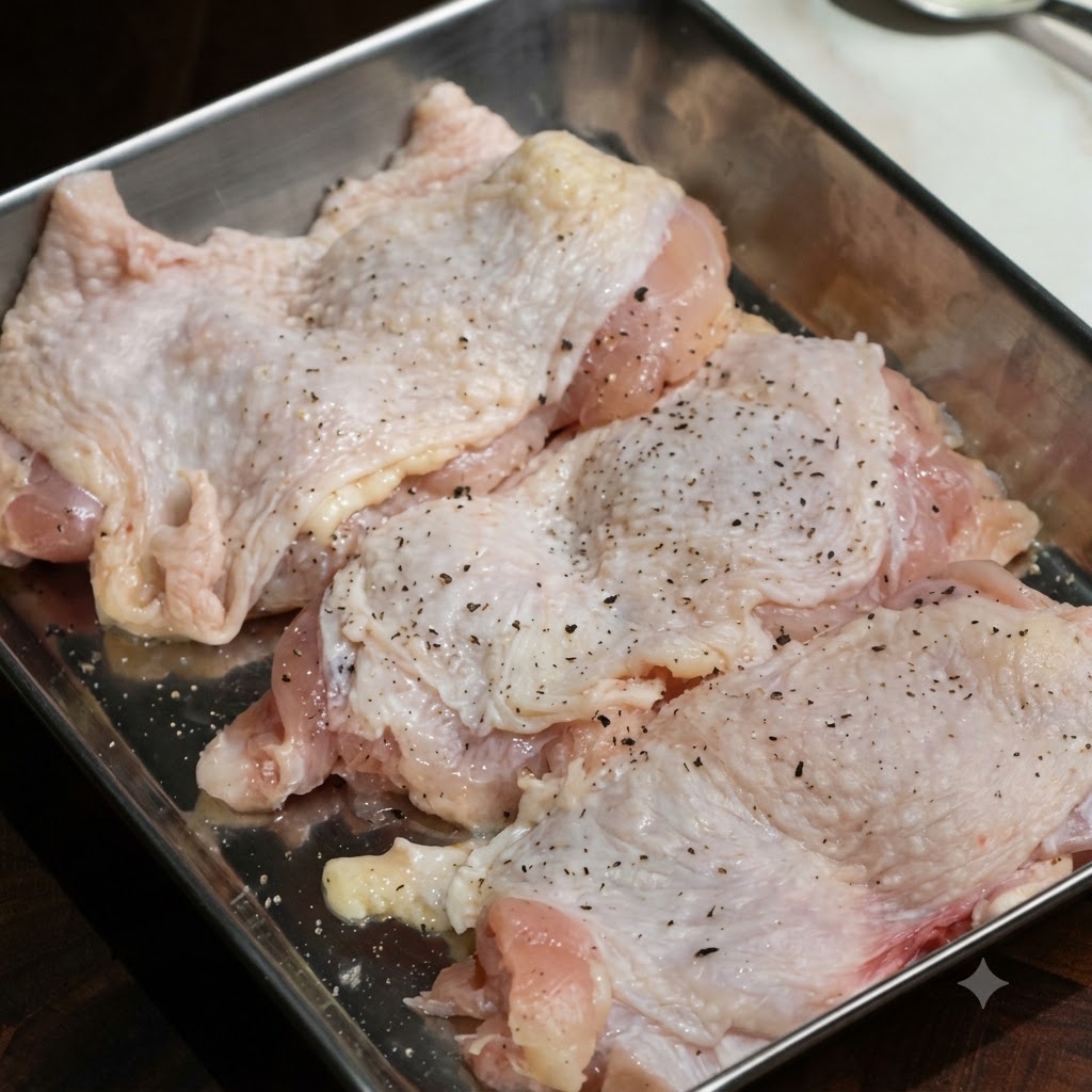 Deboned chicken thigh pieces seasoned with black pepper in a stainless steel tray.