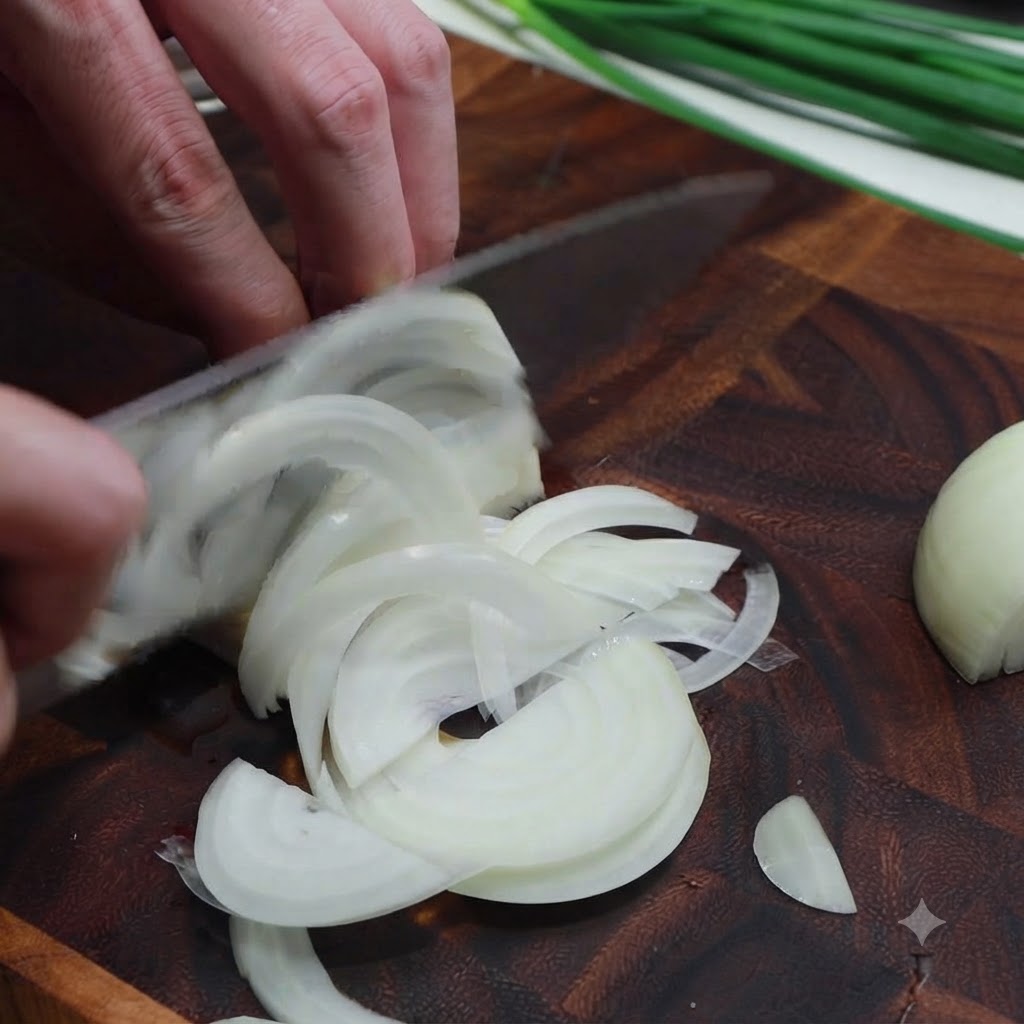 An onion being sliced into thin strips on a dark wooden cutting board.