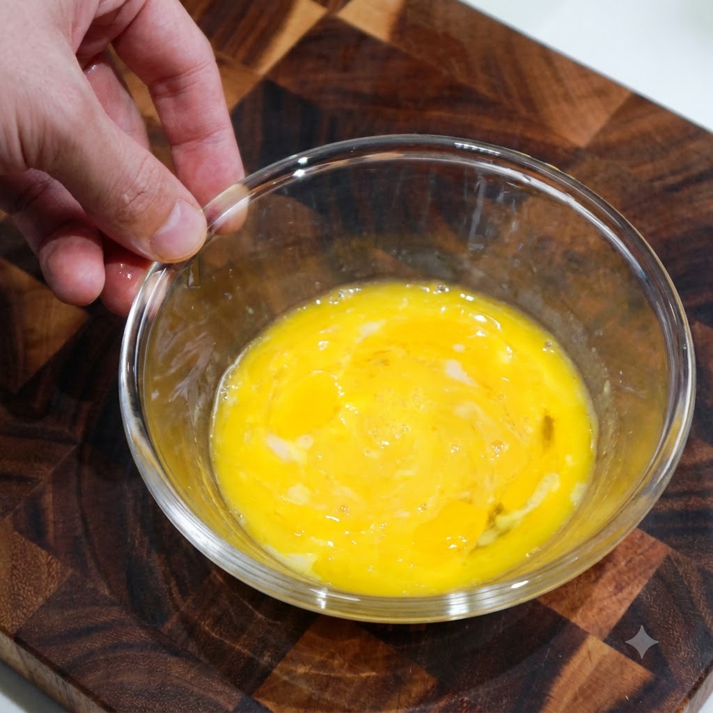 Eggs being lightly beaten with a fork inside a clear glass bowl.