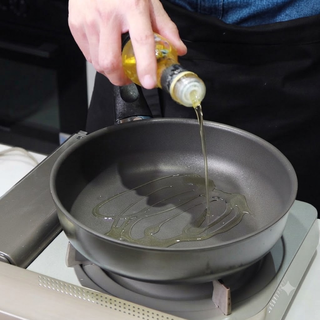 Cooking oil being poured into a hot non-stick pan on an induction cooktop.