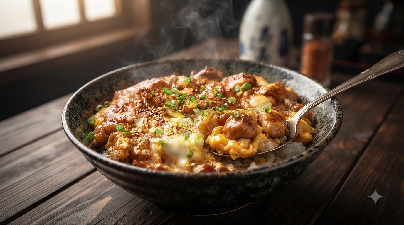 A close-up overhead shot of a finished Chicken and Scrambled Eggs Bowl in a shallow bowl, topped with green onions and sesame seeds.