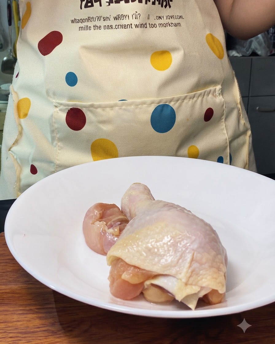 A chicken leg being cut into large chunks on a white plate.