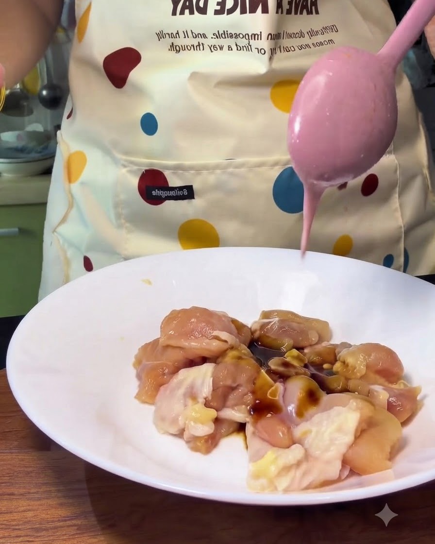 Chicken pieces in a bowl receiving sauce from a pink spoon.