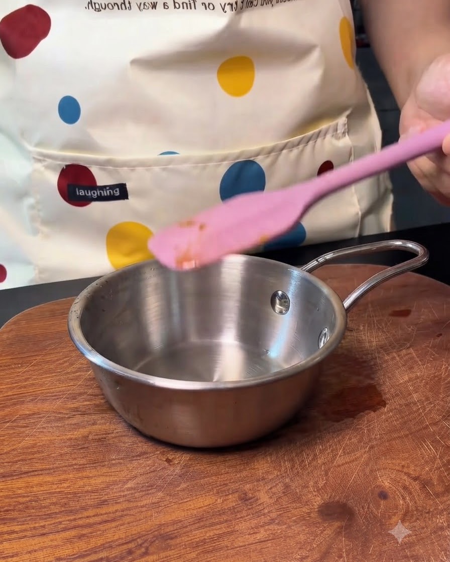 An empty small metal pot with a pink silicone spatula resting near it.
