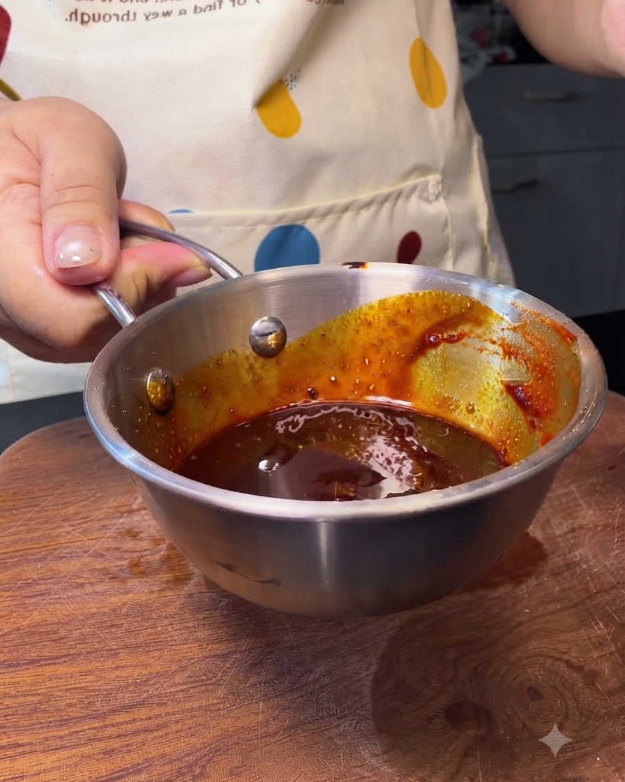 A small metal bowl filled with a rich, dark red Korean chili sauce mixture.