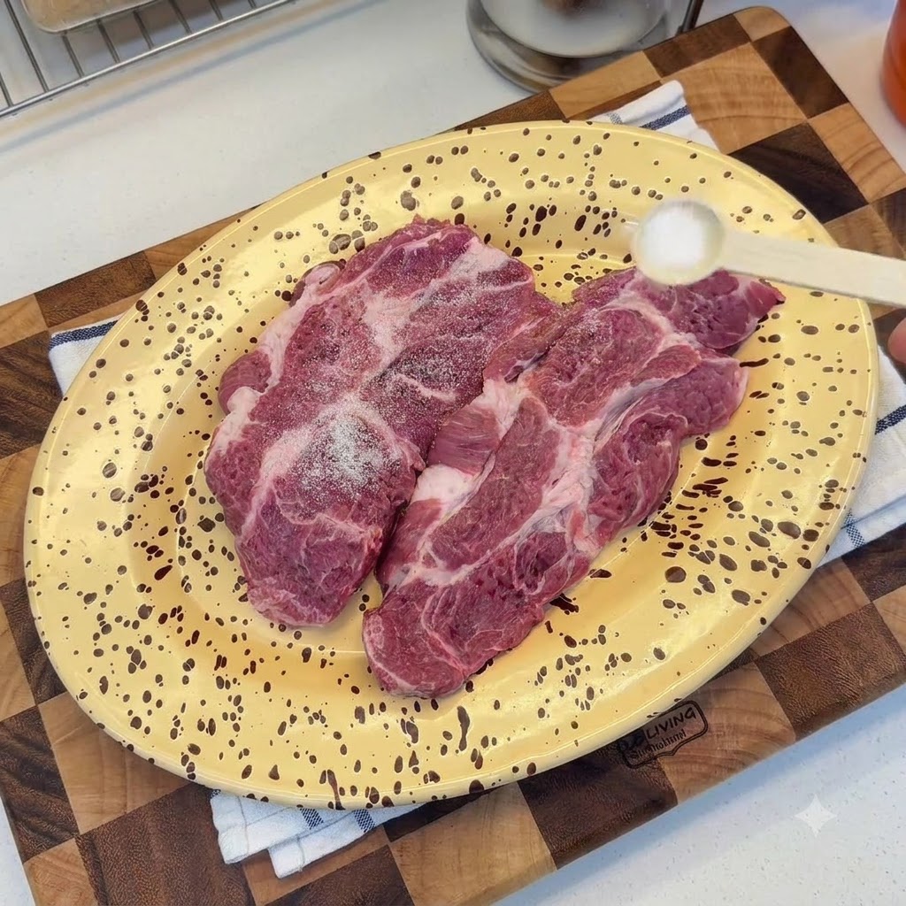 Raw pork chops on a yellow speckled plate being seasoned with salt and pepper.