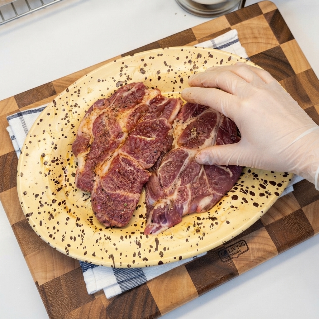 Gloved hand massaging seasonings and ginger slices into raw pork chops on a plate.