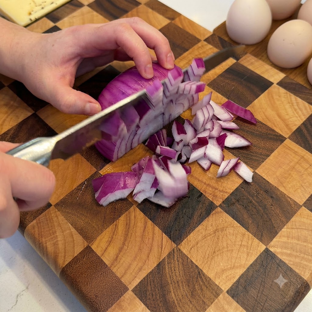A purple onion being diced into small pieces with a chefs knife on a wooden cutting board.