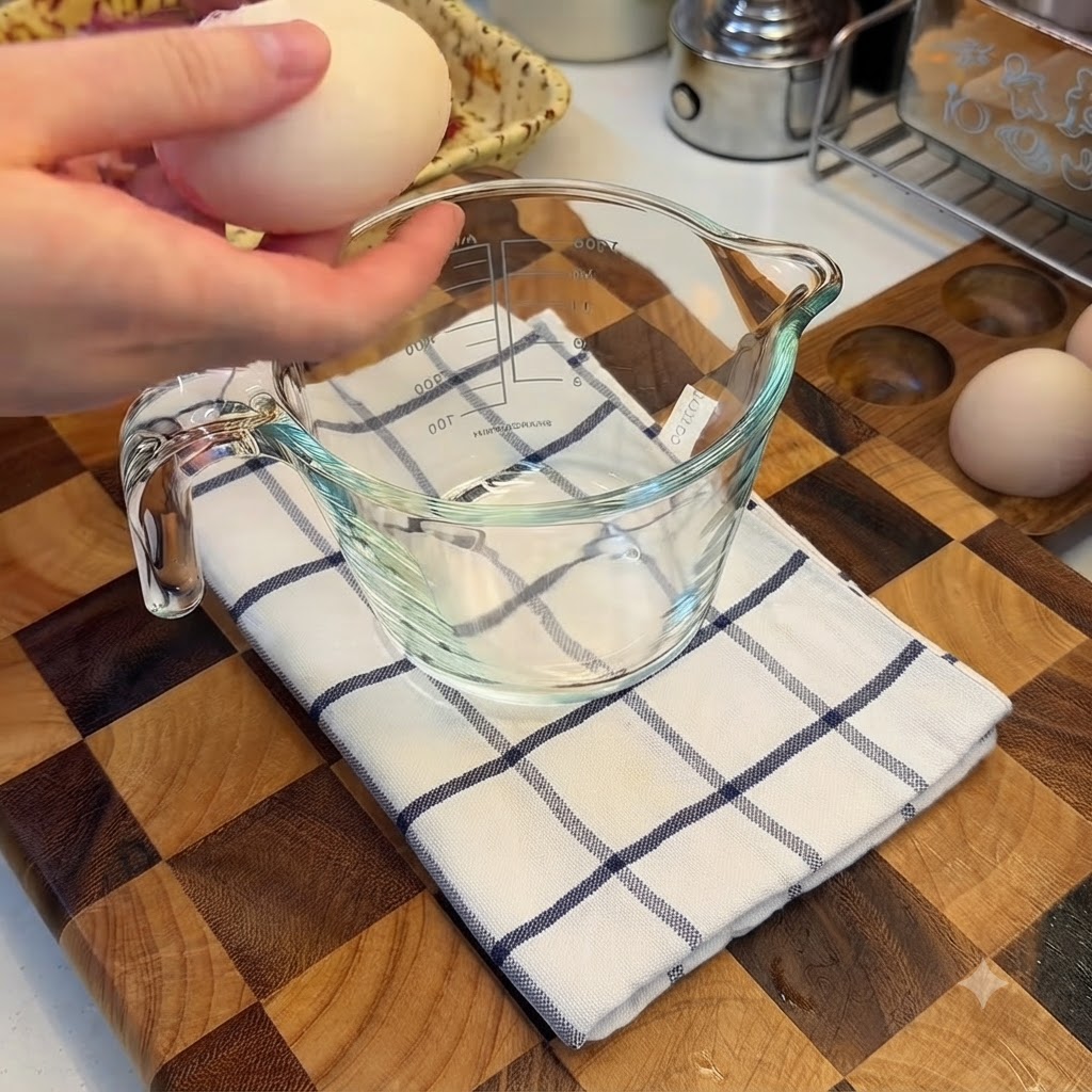 Whole raw eggs being cracked into a clear glass measuring cup set on a checkered cloth.
