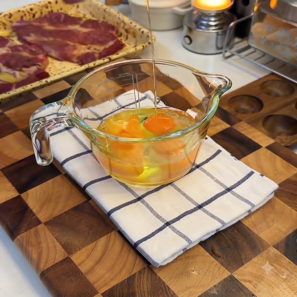 Milk being poured from above into a glass measuring cup filled with raw eggs.