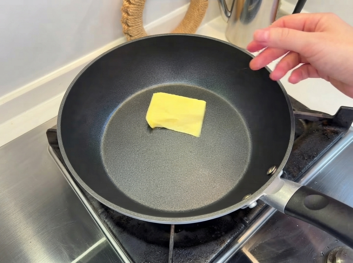 A single square of yellow butter melting in the center of a black non-stick frying pan on a stovetop.
