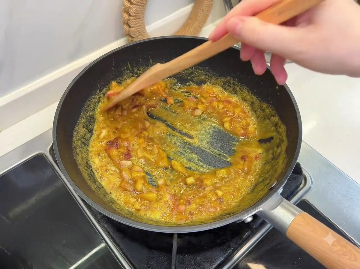 A wooden spatula stirring melting curry roux blocks with onions in a skillet.