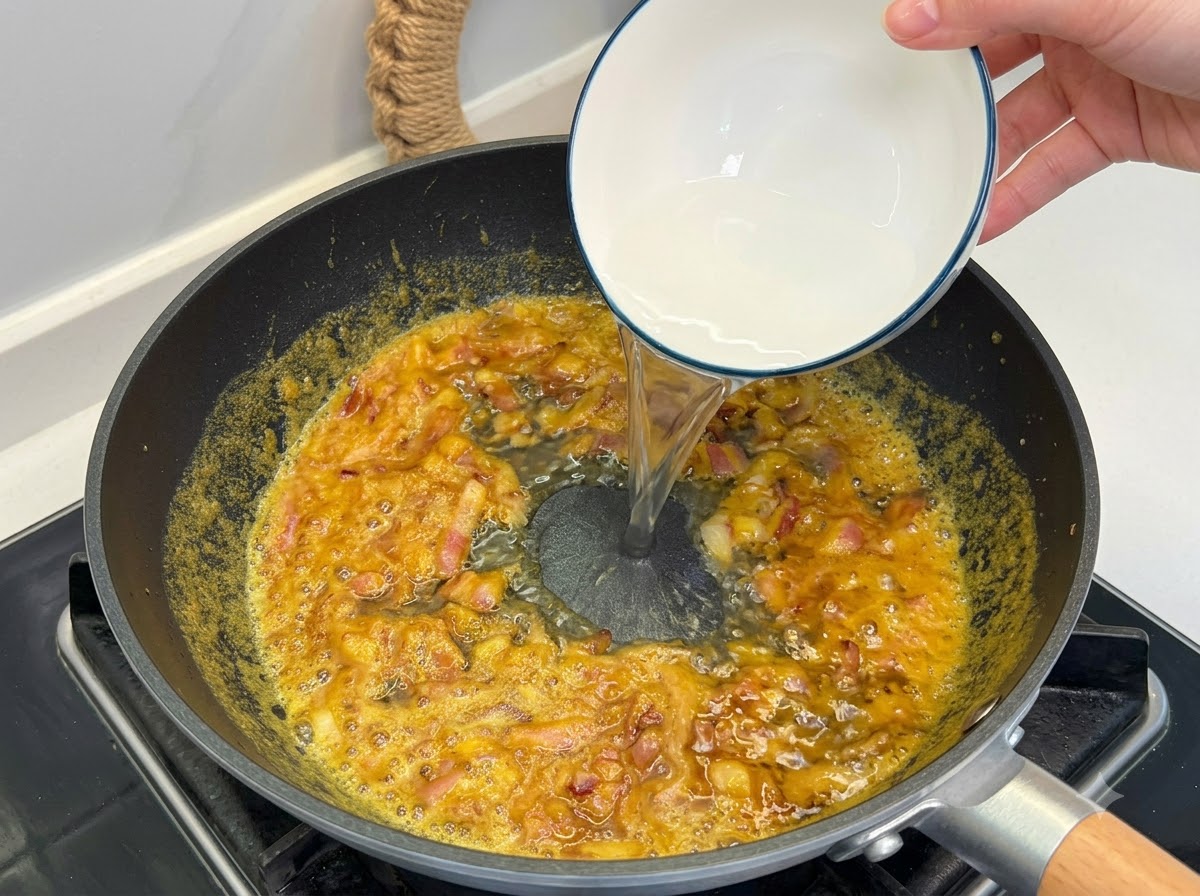 Clear water being poured from a small white bowl into the simmering curry pan.