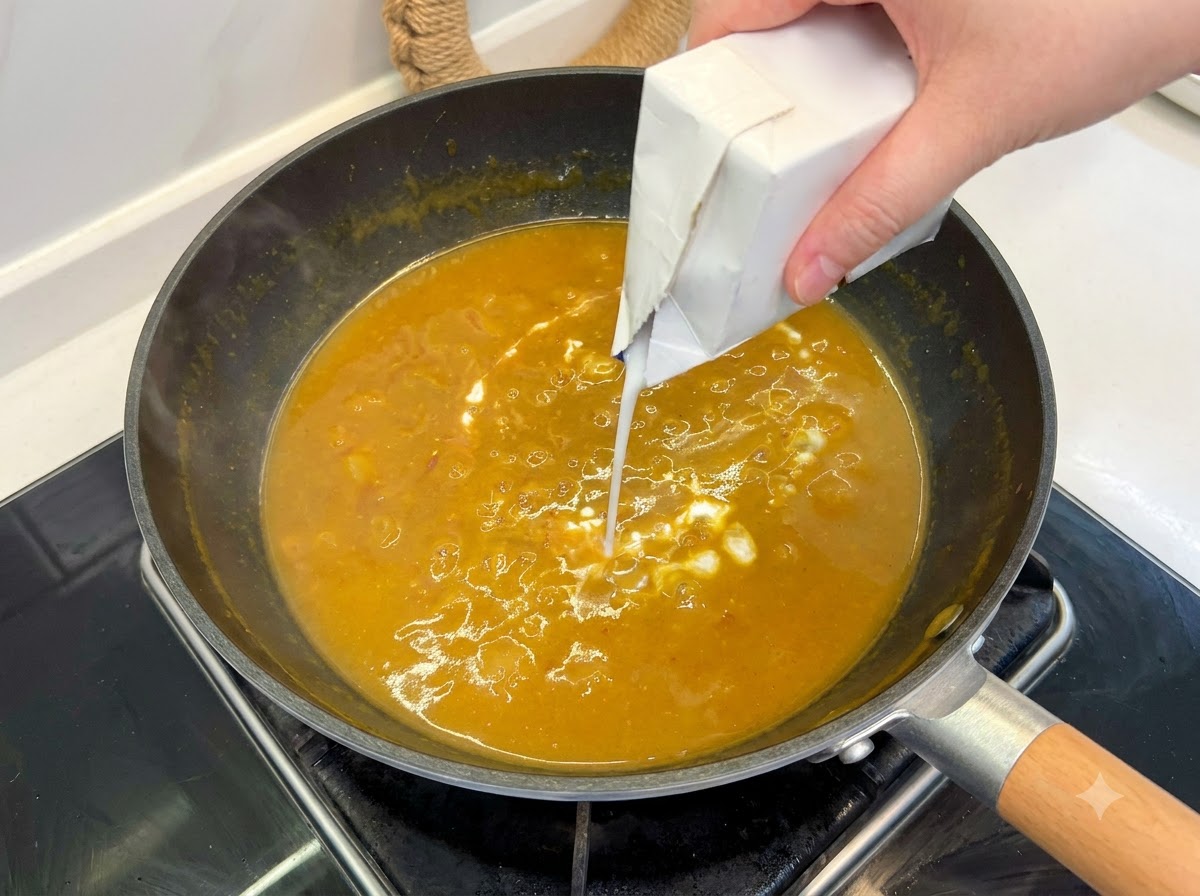 White coconut milk being poured from a carton into a bubbling brown curry sauce.