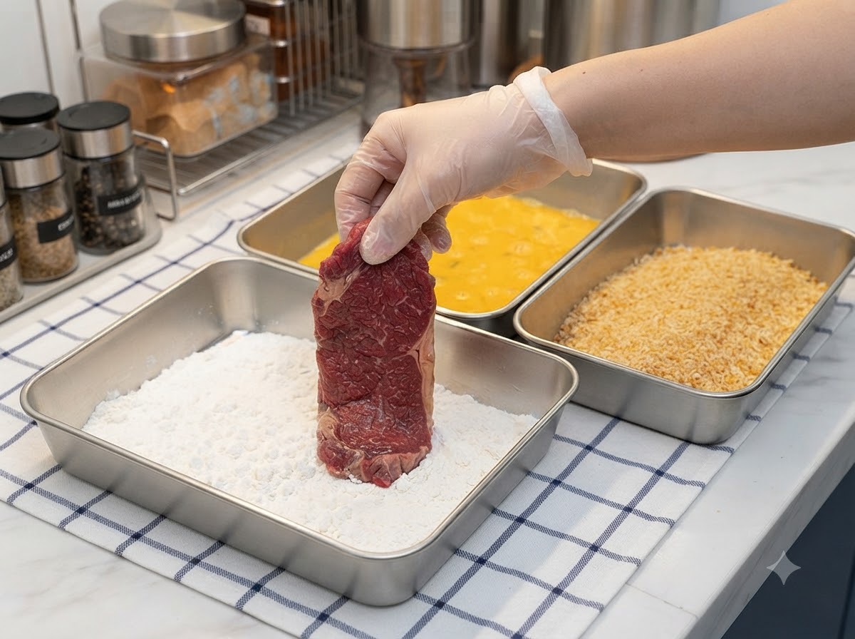 A gloved hand holding a raw pork cutlet and coating it in a tray of white cornstarch.