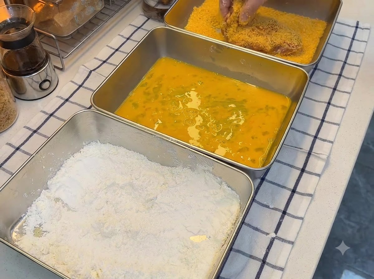 Orange breadcrumbs being pressed firmly onto a pork cutlet next to trays of flour and egg wash.