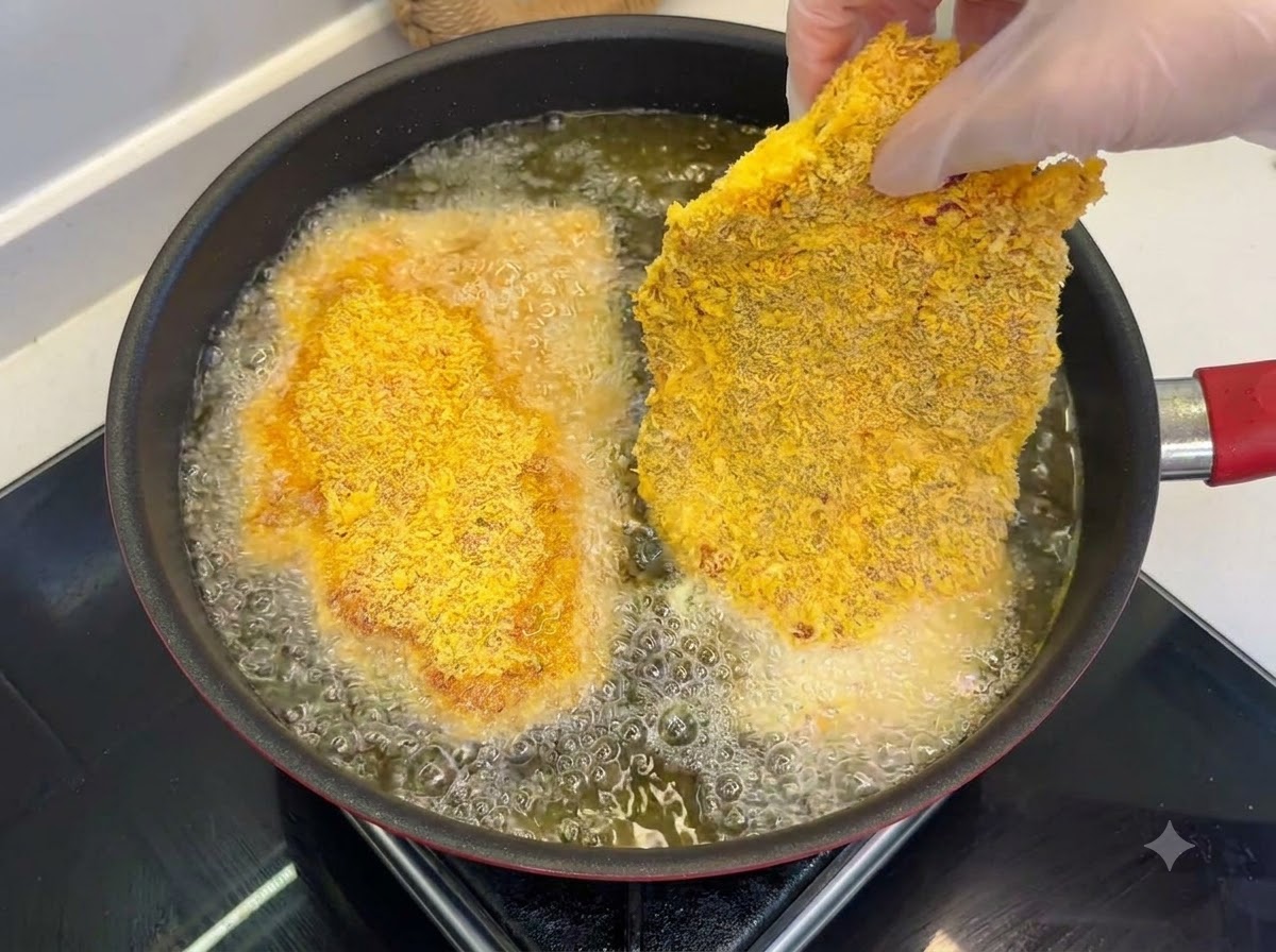 Breaded pork cutlets frying in a pan of hot bubbling oil with a golden-brown surface.