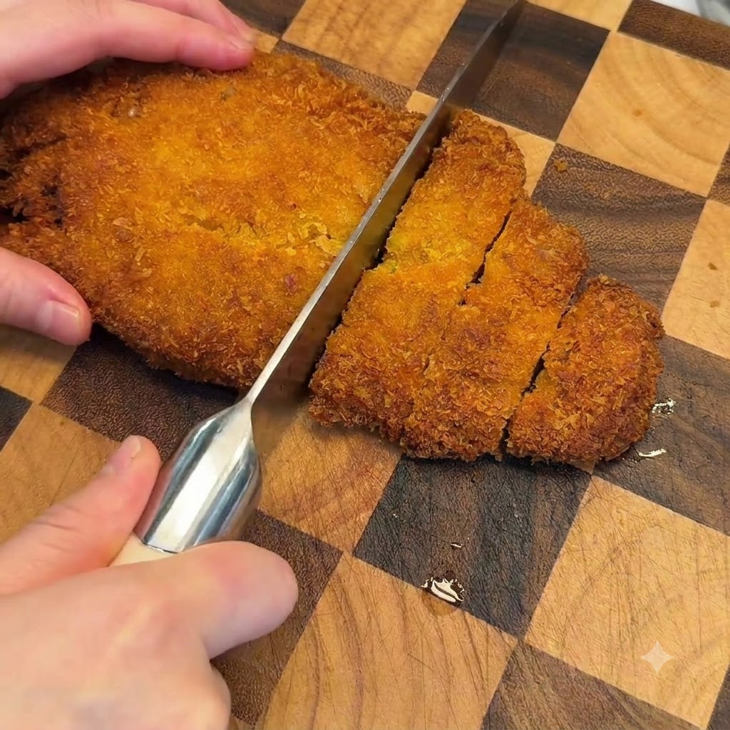 A knife slicing a crispy golden-brown cooked pork cutlet into thick pieces on a cutting board.