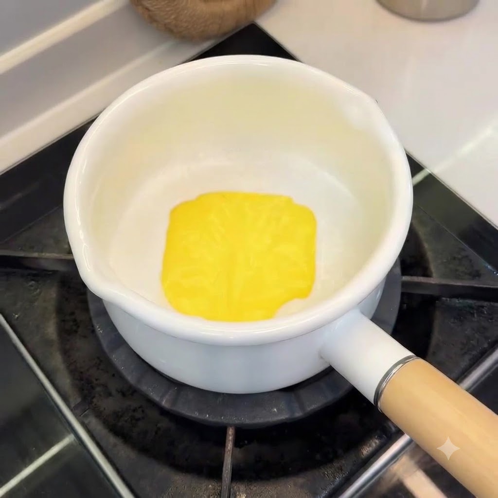 A square slice of yellow cheese melting into white coconut milk in a small saucepan.