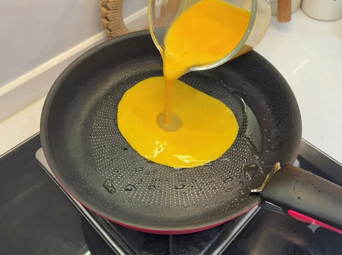 Beaten egg being poured and cooked in a lightly oiled frying pan, forming a soft shape.