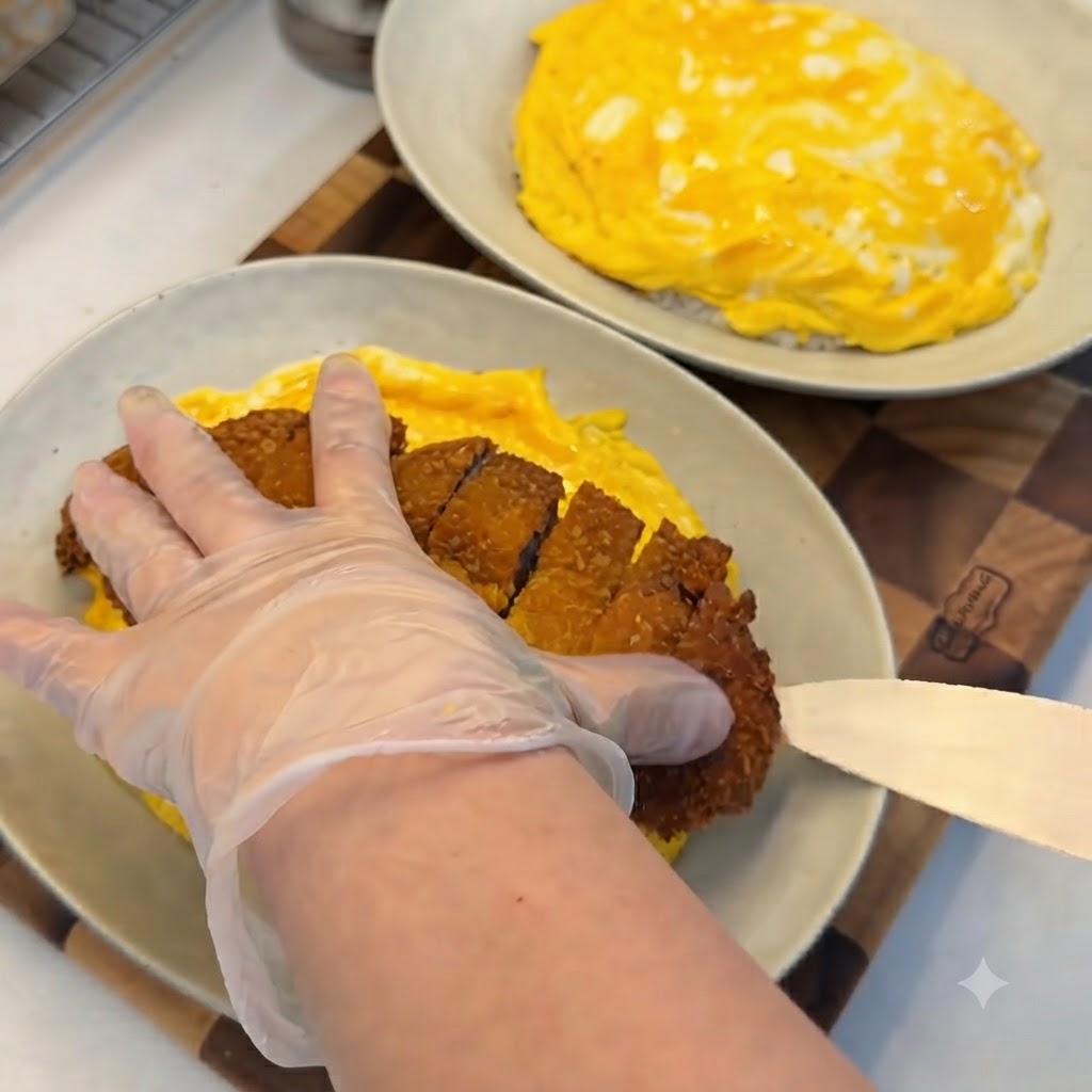 A gloved hand placing a sliced, golden-brown pork cutlet onto a bed of rice covered with a vibrant yellow omelet.
