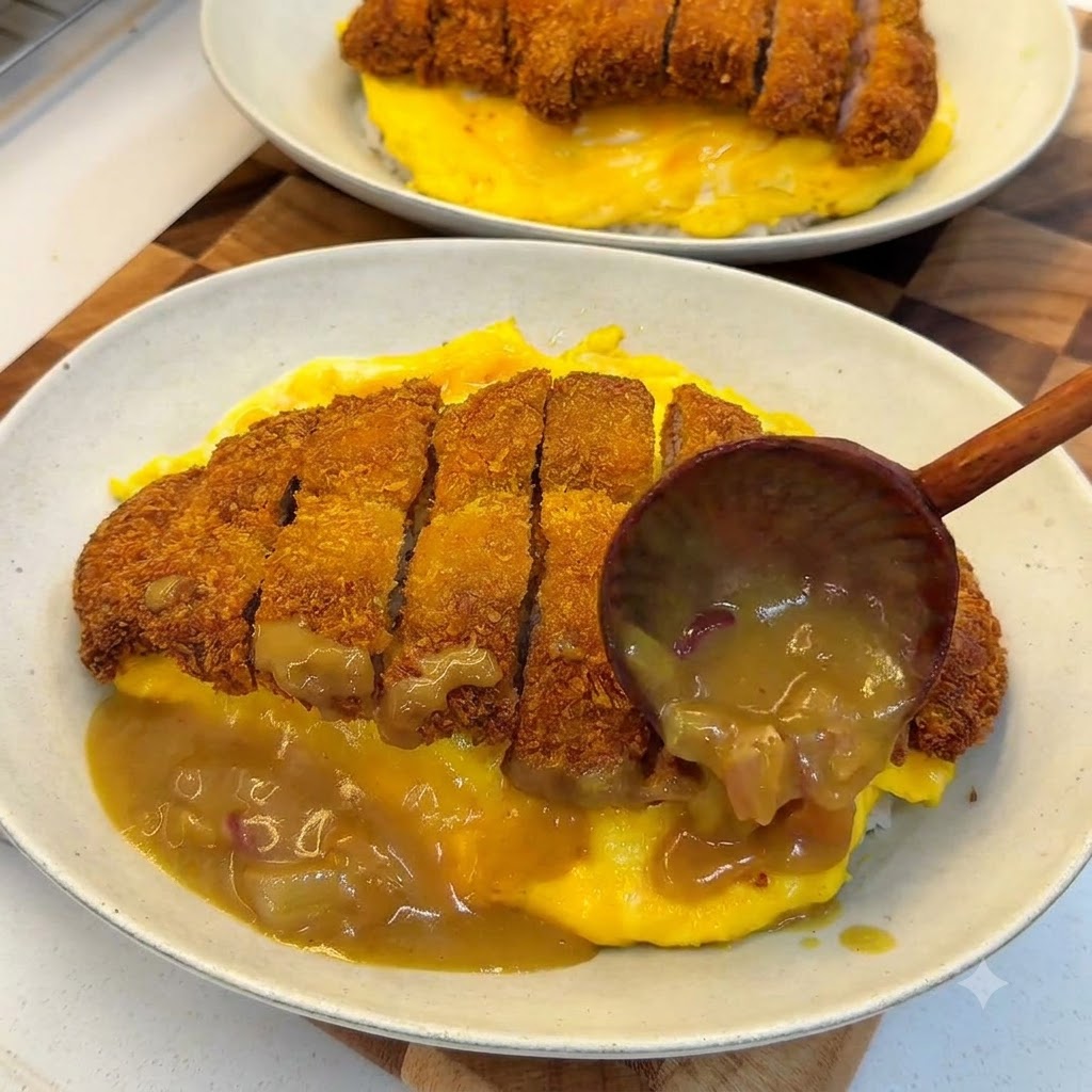 A wooden ladle pouring thick brown curry sauce with onions around a plate of egg-wrapped rice topped with a sliced crispy pork cutlet.