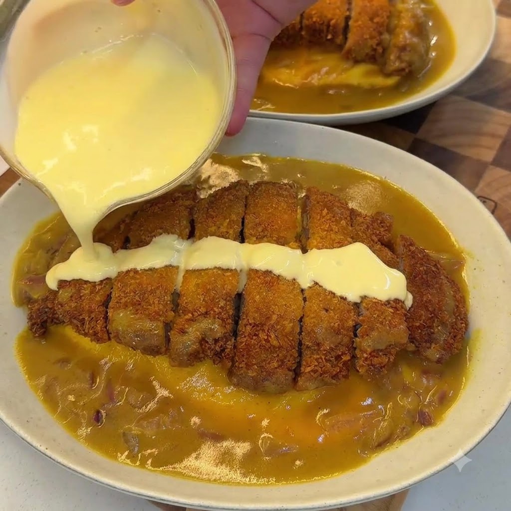 A bowl of coconut curry pork cutlet rice with creamy coconut cheese sauce being poured over the top.