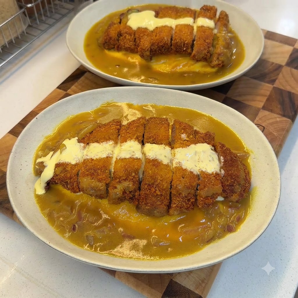 Two bowls of completed coconut curry pork cutlet rice garnished with green parsley flakes.
