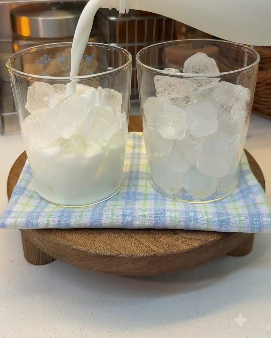 Fresh milk being poured from a carton into a glass filled with ice cubes, sitting next to another identical glass.