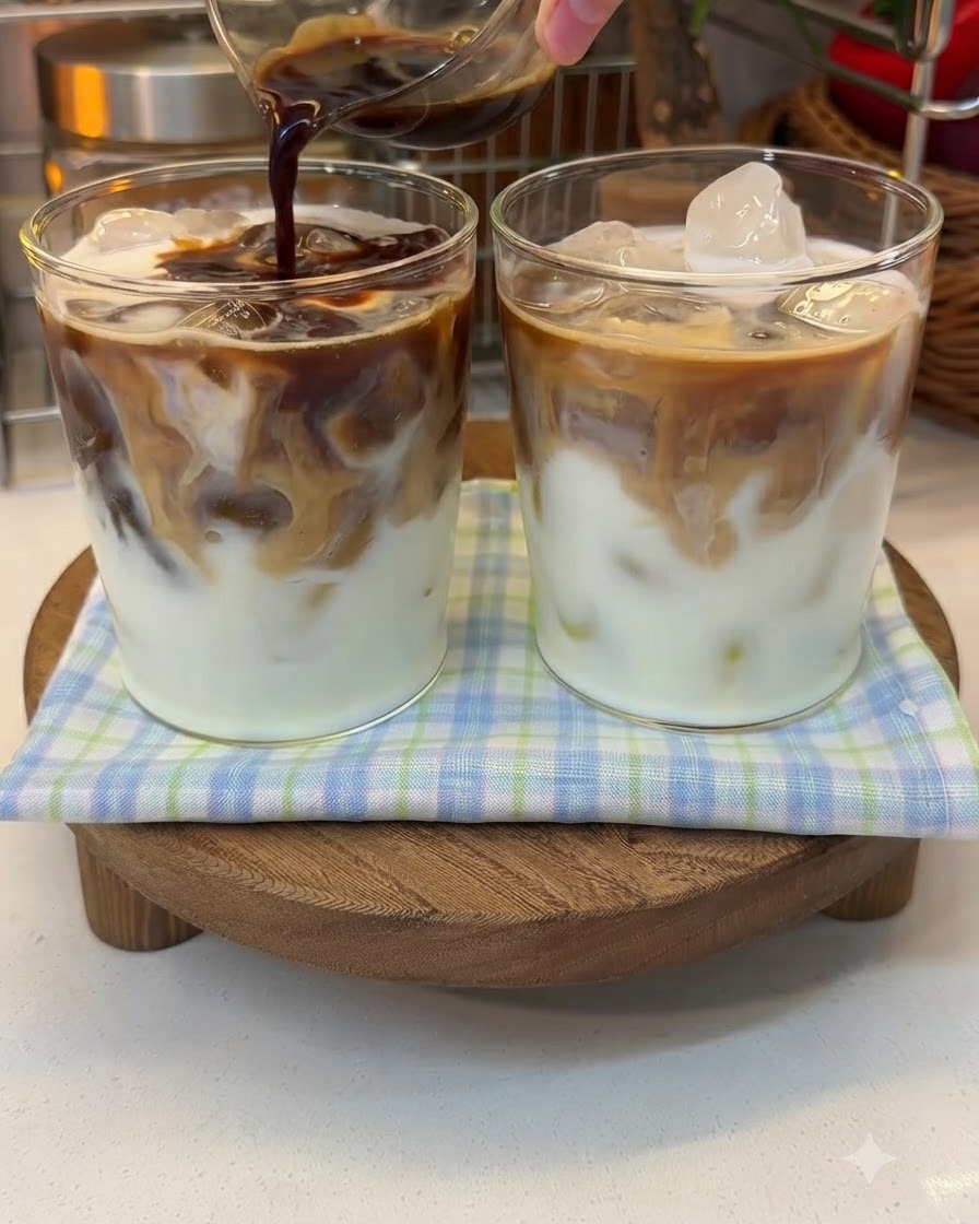 A dark espresso shot being poured into a glass of milk and yogurt over ice.