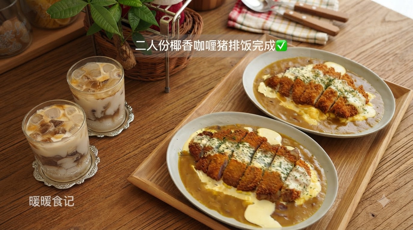 Coconut Curry Pork Cutlet Rice with Yogurt Latte