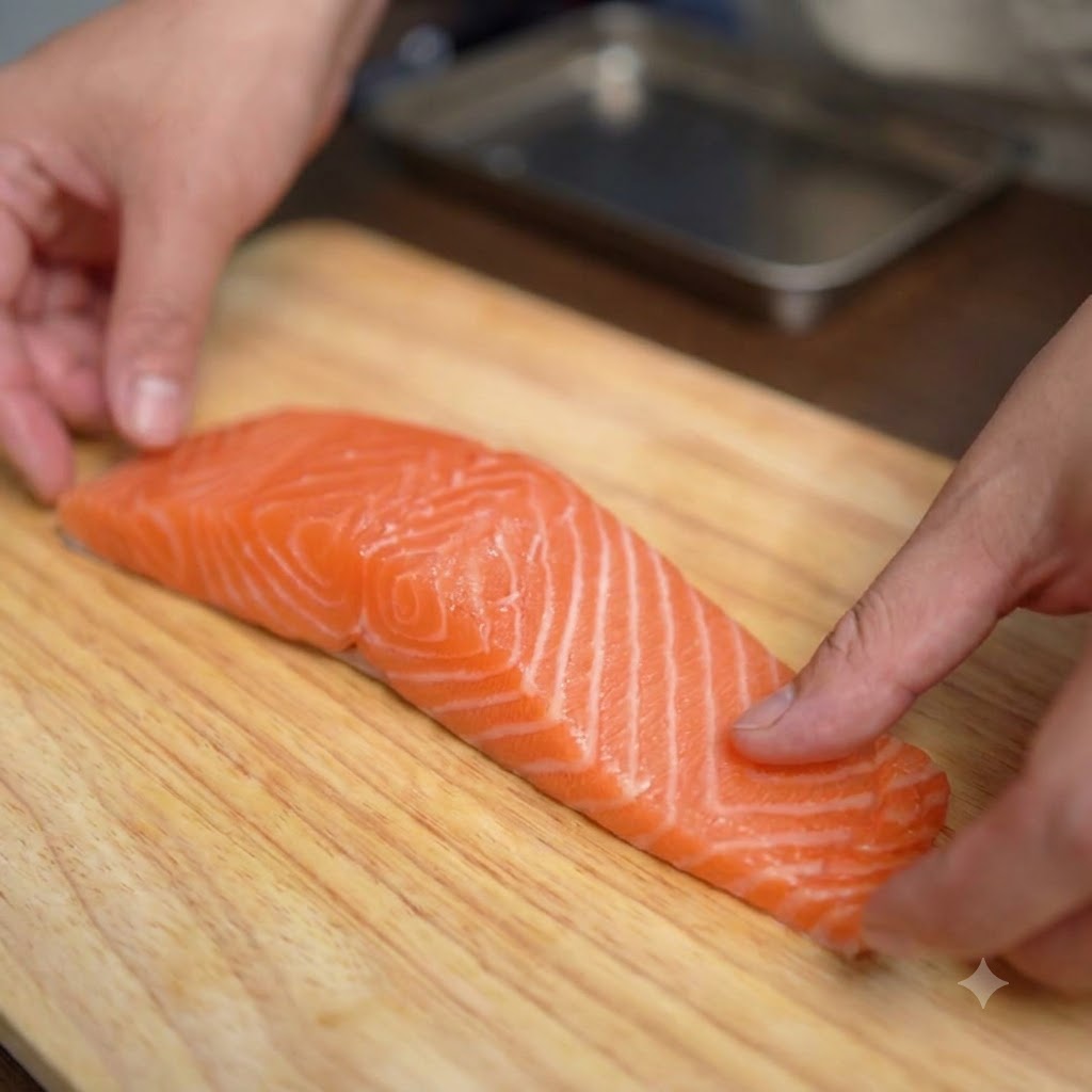 A pair of hands using a chefs knife to peel skin off a fresh salmon fillet on a wooden board.