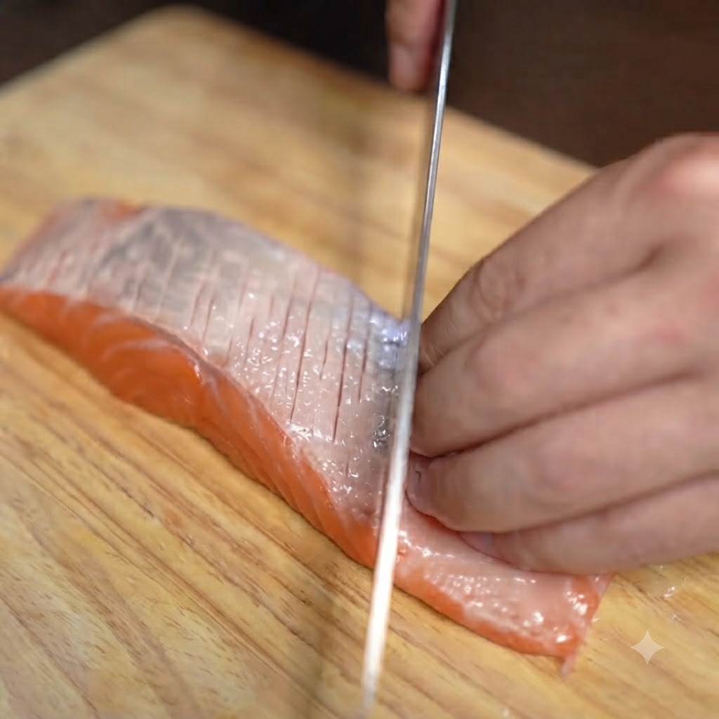 A kitchen knife making precise diagonal incisions across the surface of a salmon fillet.