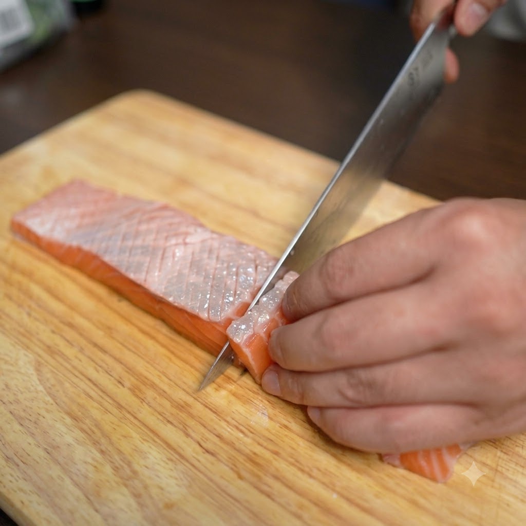 Chopsticks placing thick slices of raw salmon in a circular arrangement on top of rice inside a dark bowl.
