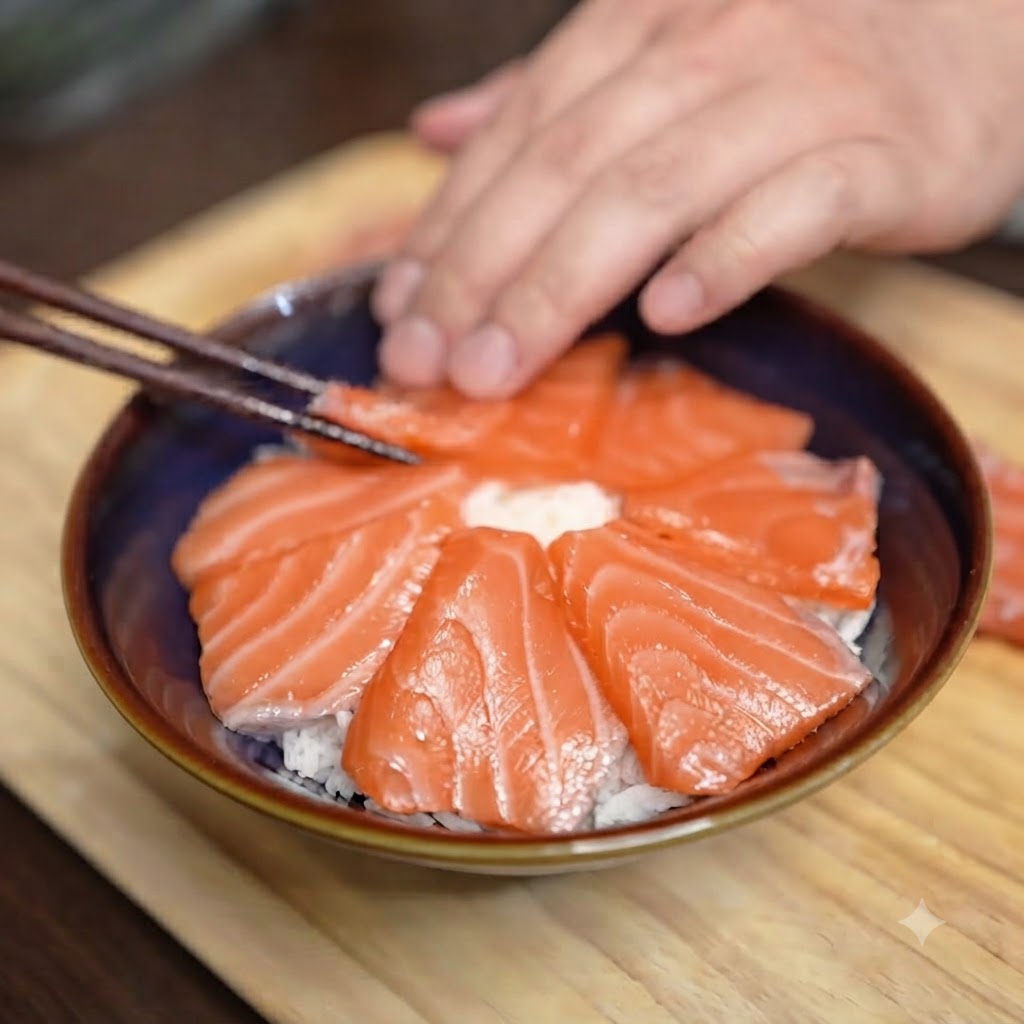 A single raw egg yolk resting perfectly in the middle of a salmon-topped rice bowl.