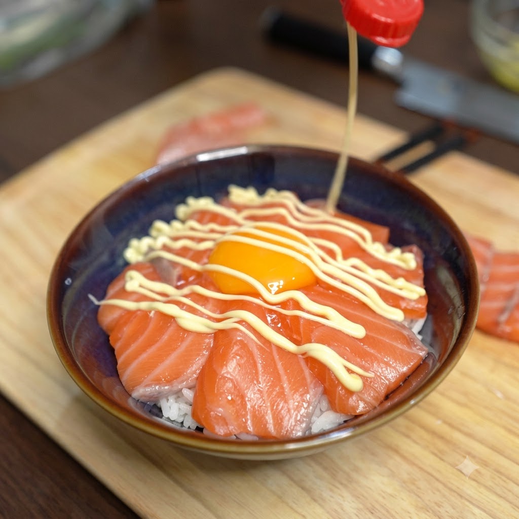 Mayonnaise being drizzled from a squeeze bottle in a criss-cross pattern over a salmon rice bowl.