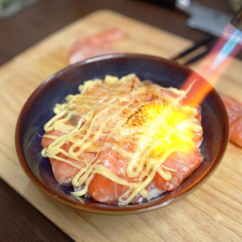 A blue and orange flame from a kitchen torch caramelizing a creamy mayonnaise topping on a salmon bowl.