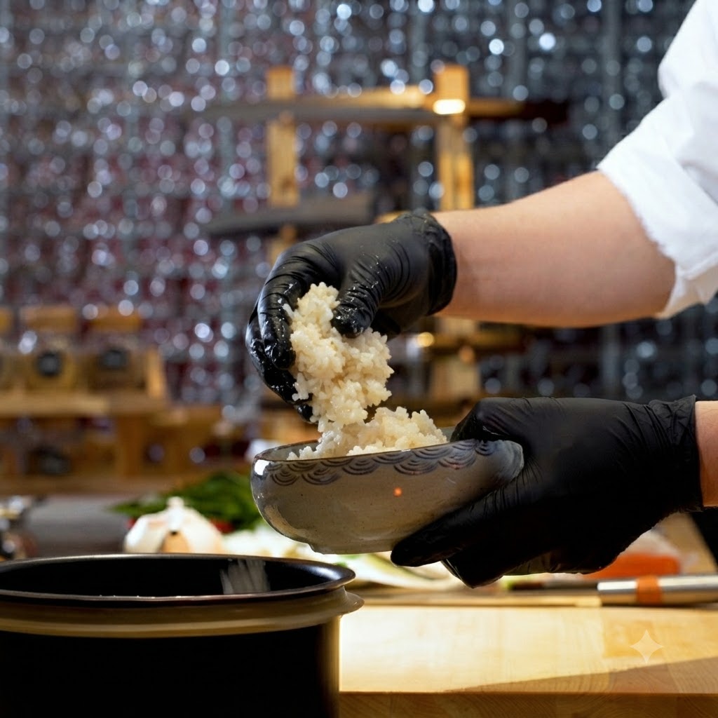 A person wearing black gloves placing warm sushi rice into a decorative ceramic bowl.