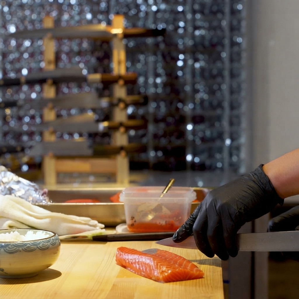 Fresh salmon fillet being cut into small pieces on a wooden cutting board with a knife.