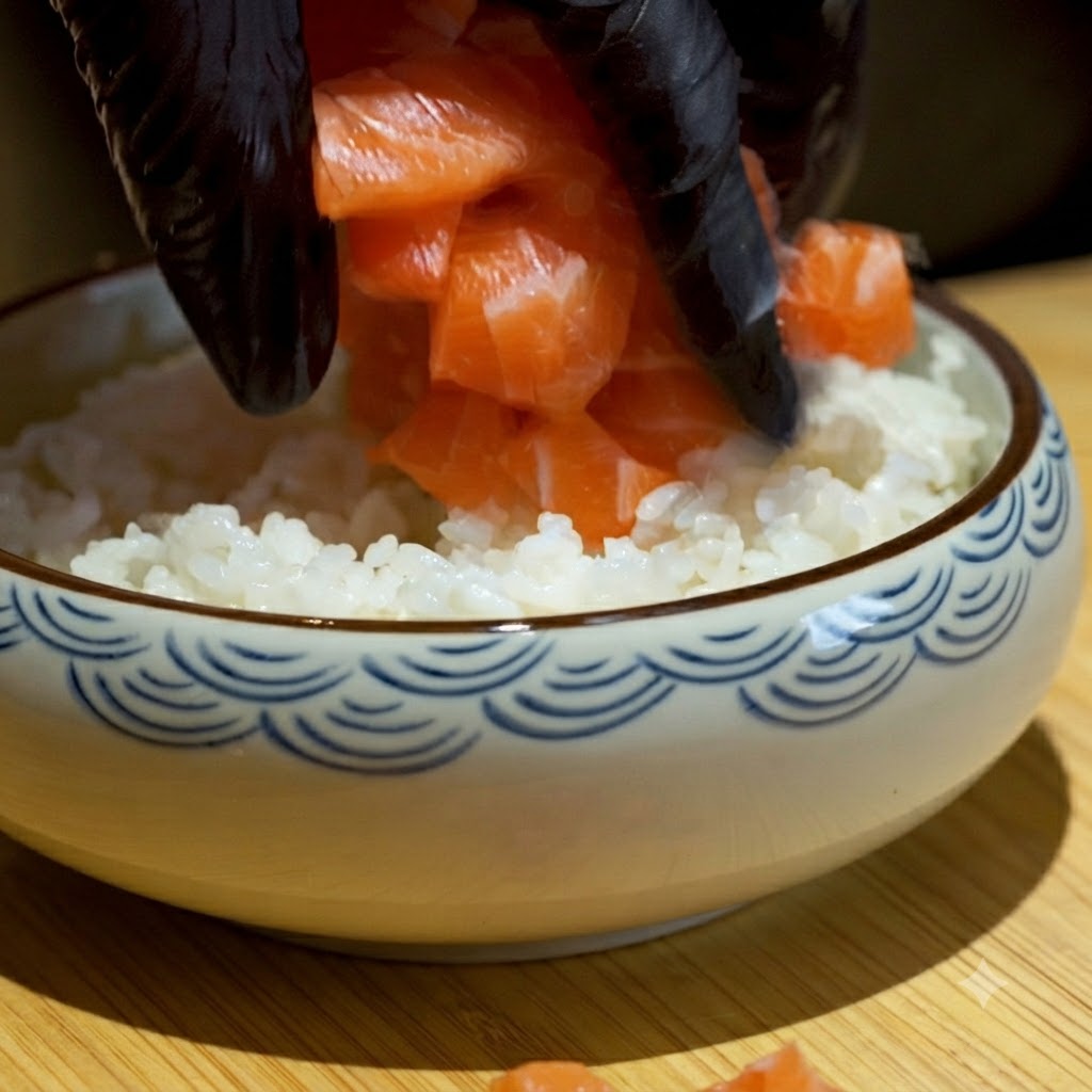 Cubed salmon being placed over a layer of sushi rice in a ceramic bowl.